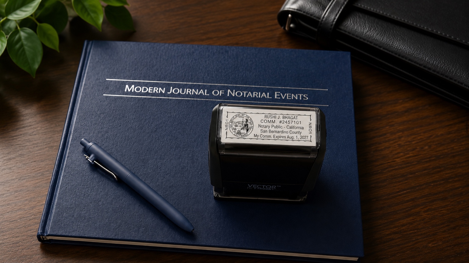Rushi Notary journal and official California notary seal on desk